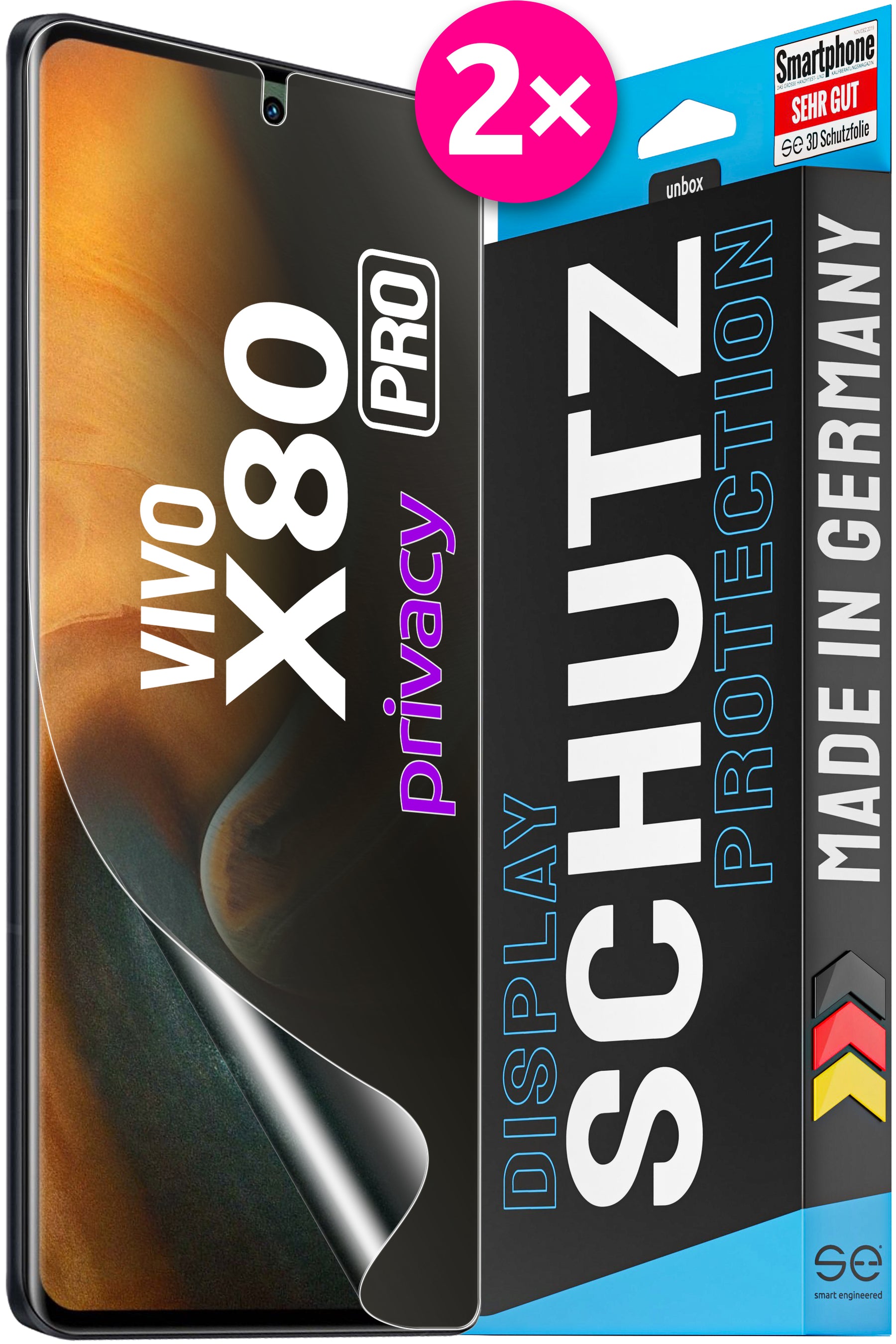 2x se® 3D Screen Protector for the Vivo X80 Pro (Transparent, Matte or Privacy)