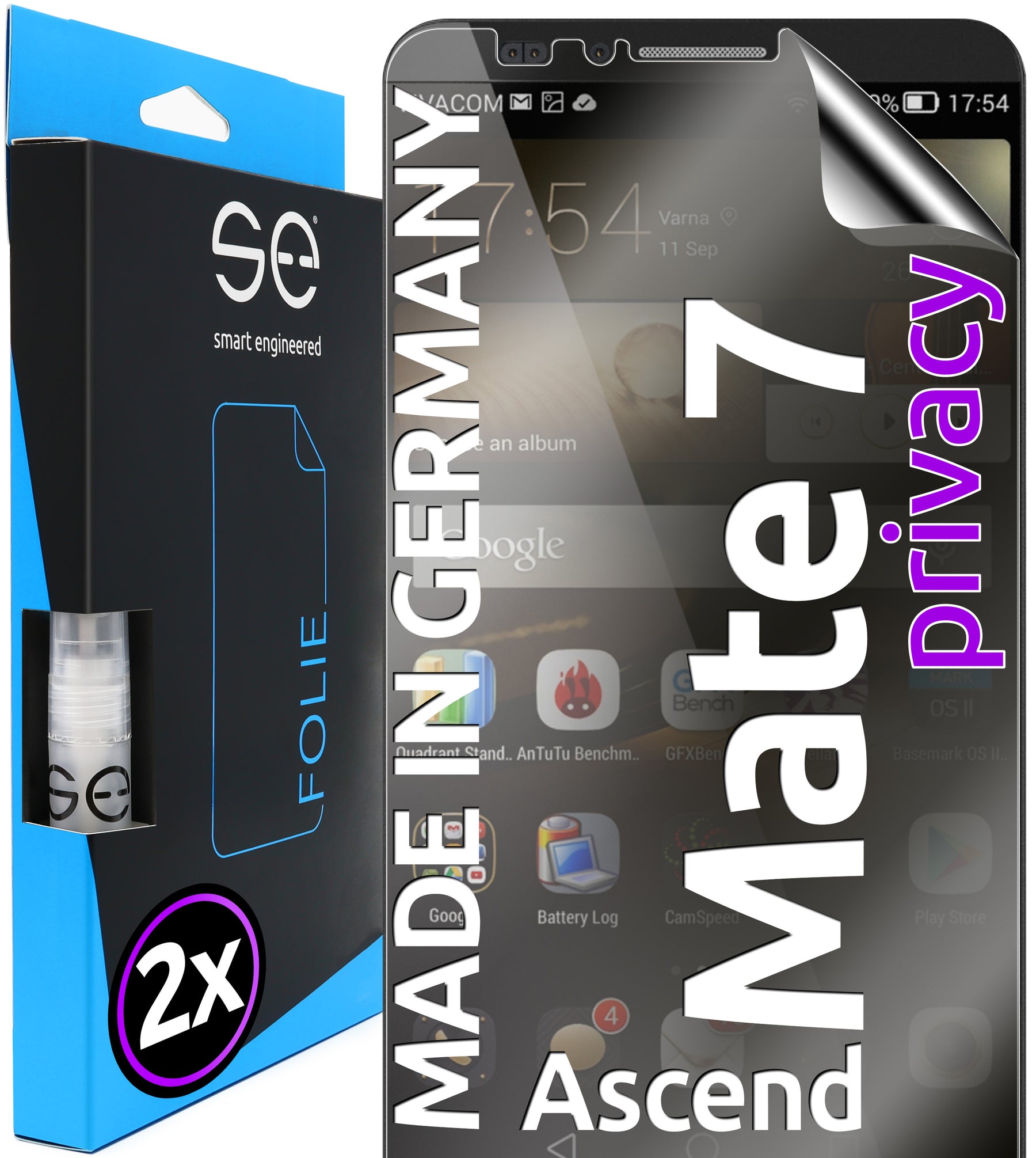 2x se® 3D Screen Protector for the Huawei Ascend Mate 7 (Transparent, Matte or Privacy)
