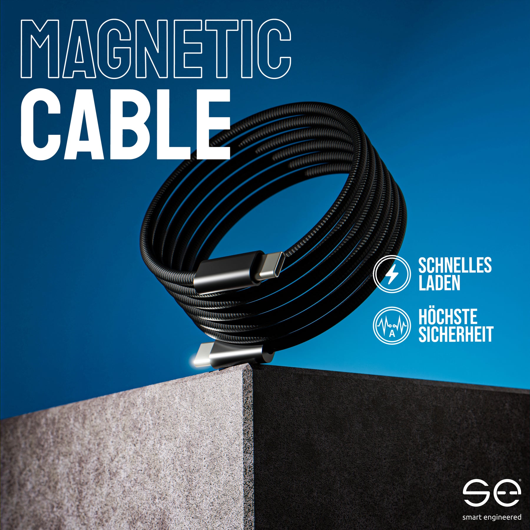 se® MAGNETIC USB-C auf USB-C 60W Ladekabel Schwarz – 1 Meter