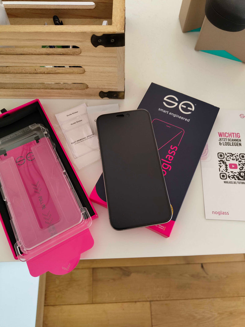 se® noglass Set ausgepackt: Applikator, Zubehör und Anleitung auf dem Schreibtisch