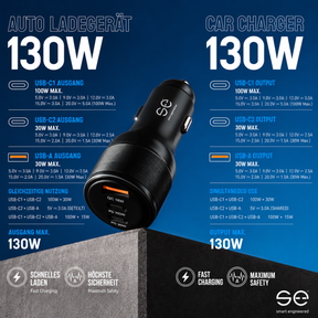 se® CARCHARGER 130W – USB-C Auto Ladegerät mit 100W Power Delivery & 3 Schnelllade-Ports