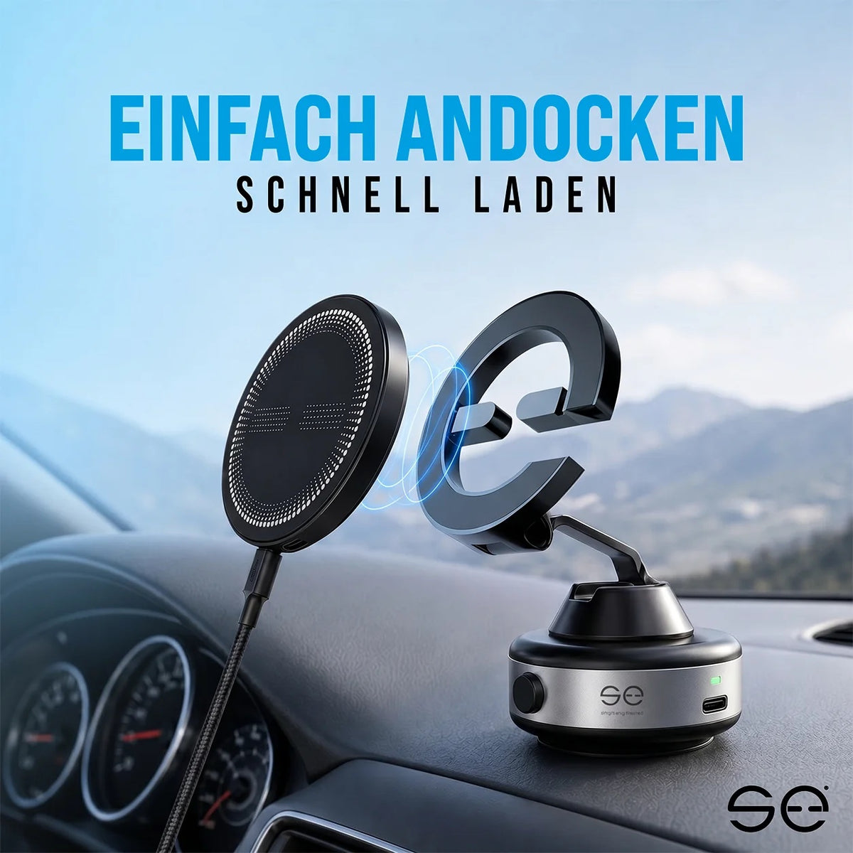 Creative: EINFACH ANDOCKEN — SCHNELL LADEN, se® SNAPCHARGE dockt am se® SNAPMOUNT an